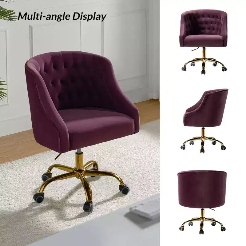 Chaise de bureau pivotante à hauteur réglable en velours Anika avec dossier capitonné et base dorée | Karat Home