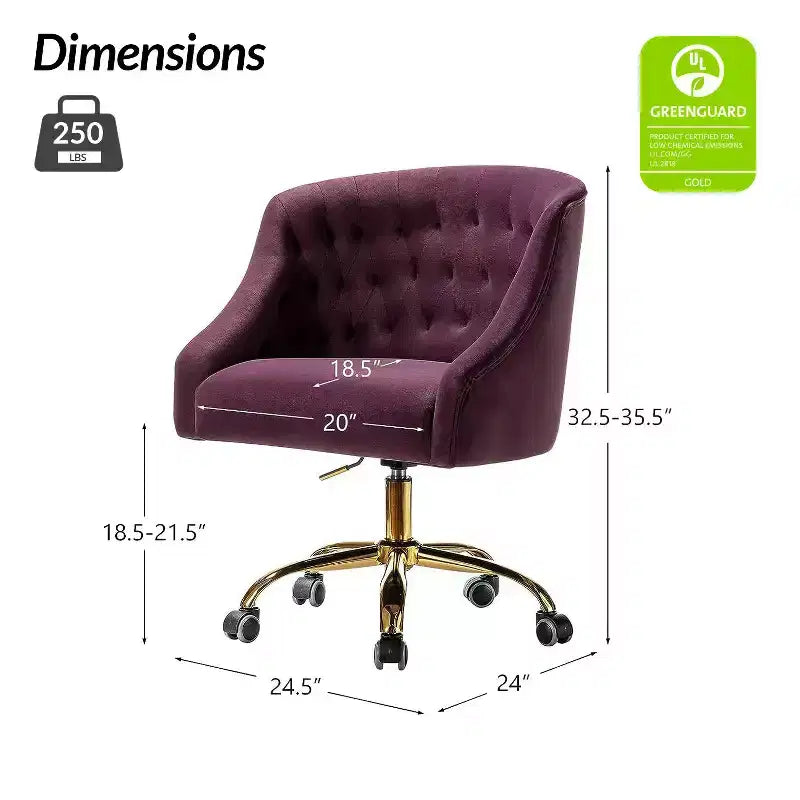 Chaise de bureau pivotante à hauteur réglable en velours Anika avec dossier capitonné et base dorée | Karat Home