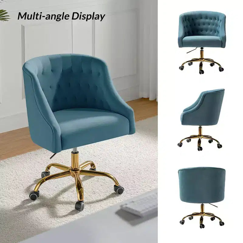 Chaise de bureau pivotante à hauteur réglable en velours Anika avec dossier capitonné et base dorée | Karat Home