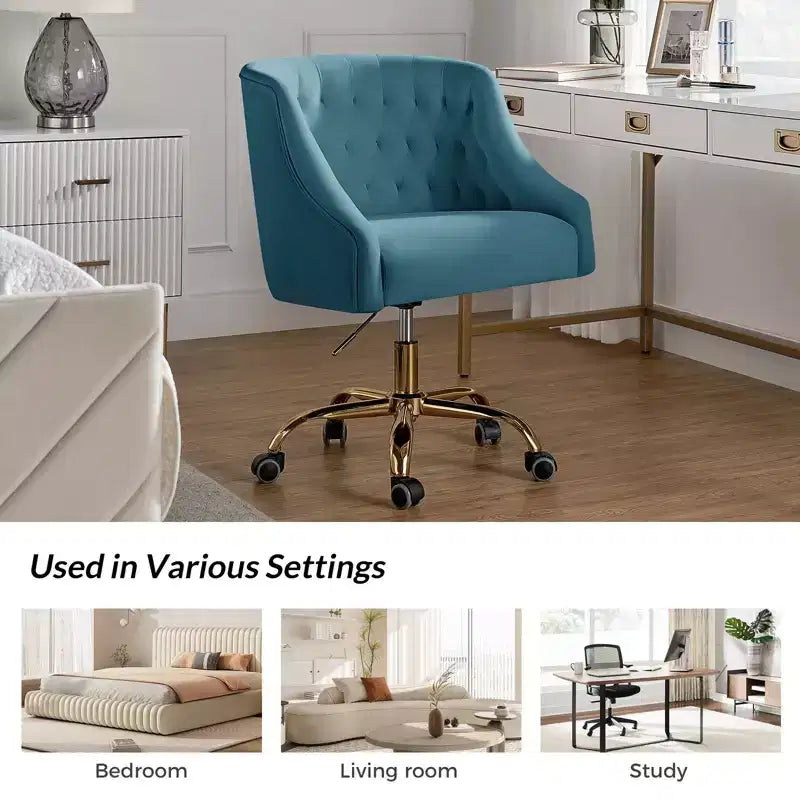Chaise de bureau pivotante à hauteur réglable en velours Anika avec dossier capitonné et base dorée | Karat Home