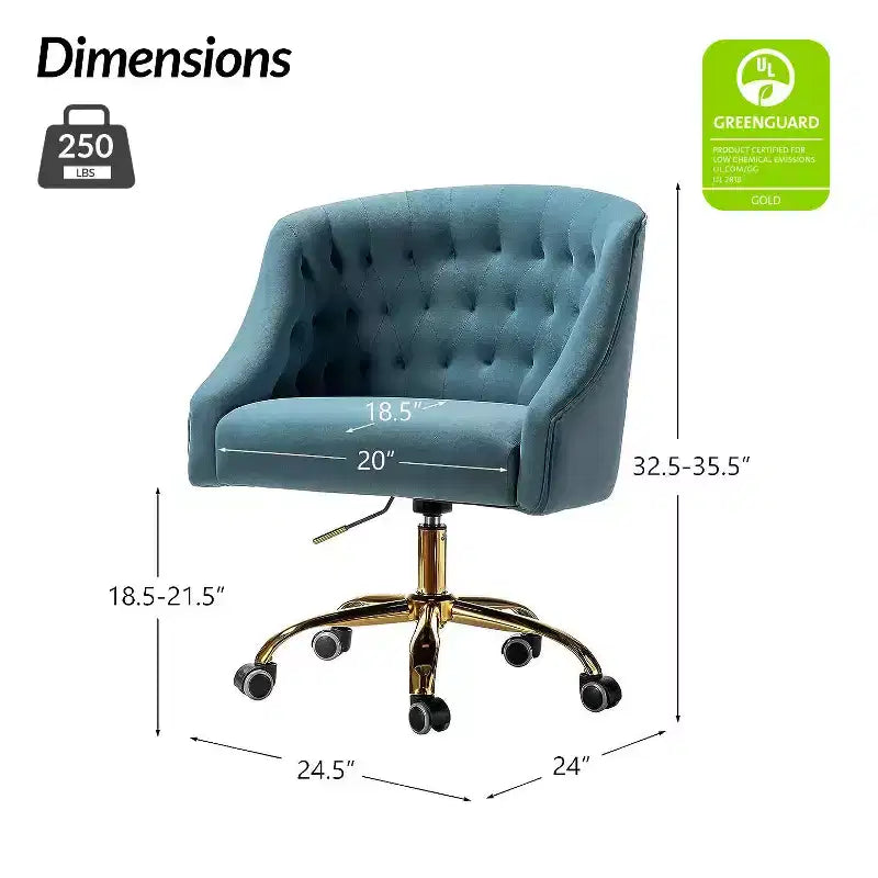 Chaise de bureau pivotante à hauteur réglable en velours Anika avec dossier capitonné et base dorée | Karat Home