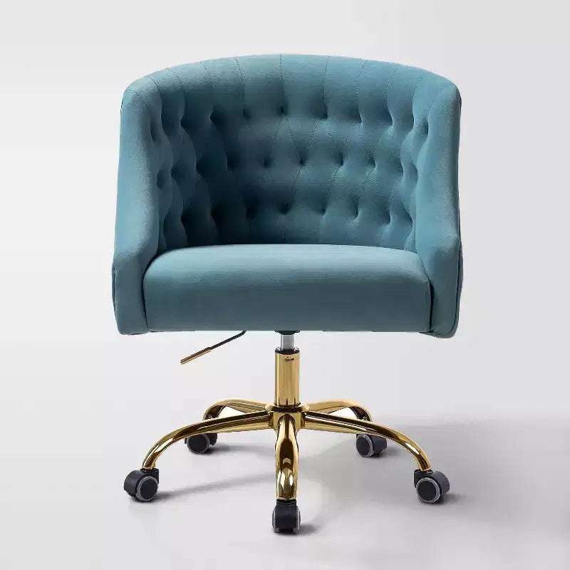 Chaise de bureau pivotante à hauteur réglable en velours Anika avec dossier capitonné et base dorée | Karat Home