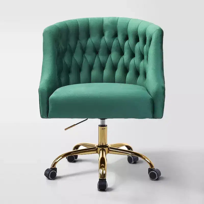 Chaise de bureau pivotante à hauteur réglable en velours Anika avec dossier capitonné et base dorée | Karat Home