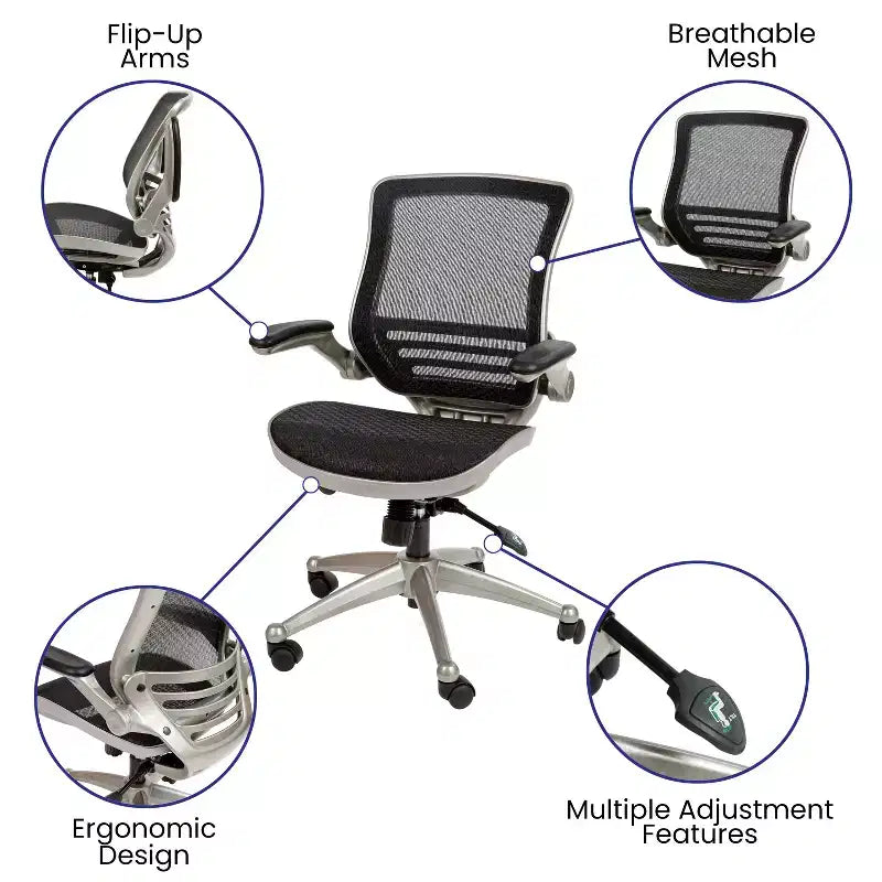 Chaise de bureau pivotante de direction Flash Furniture à dossier mi-hauteur en maille transparente avec accoudoirs relevables