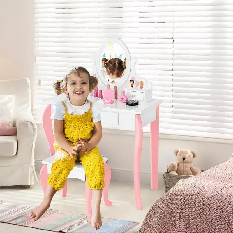 Coiffeuse Maquillage Enfant Princesse Costway avec Tabouret et Miroir à Tiroir