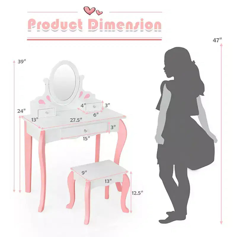 Coiffeuse Maquillage Enfant Princesse Costway avec Tabouret et Miroir à Tiroir