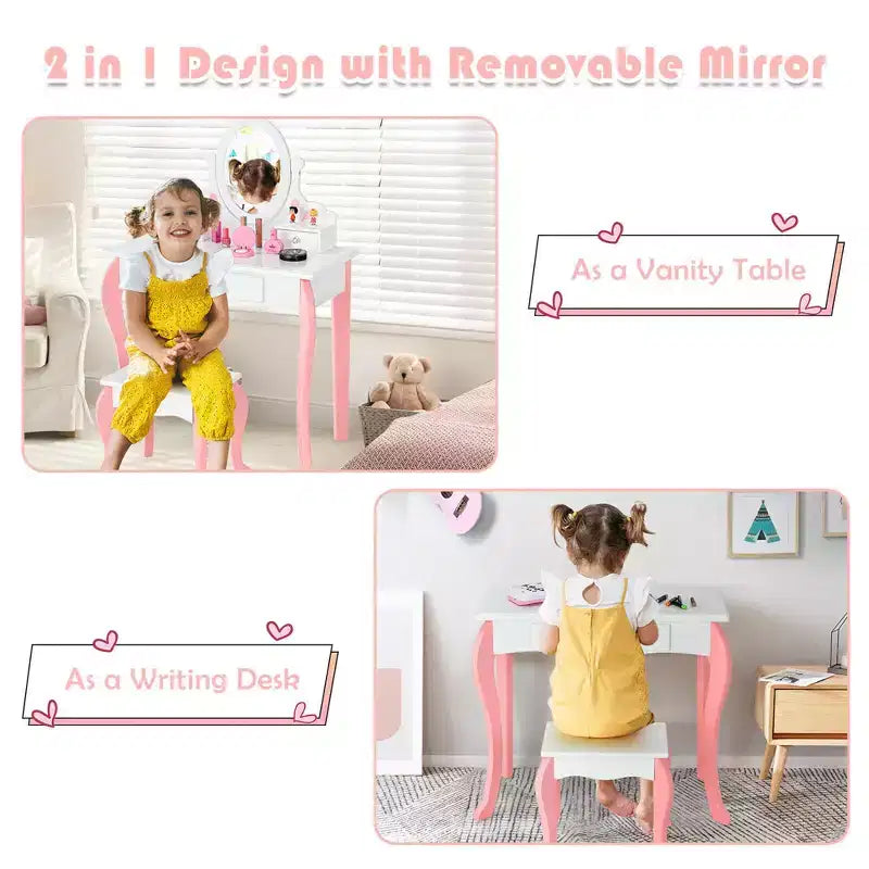 Coiffeuse Maquillage Enfant Princesse Costway avec Tabouret et Miroir à Tiroir