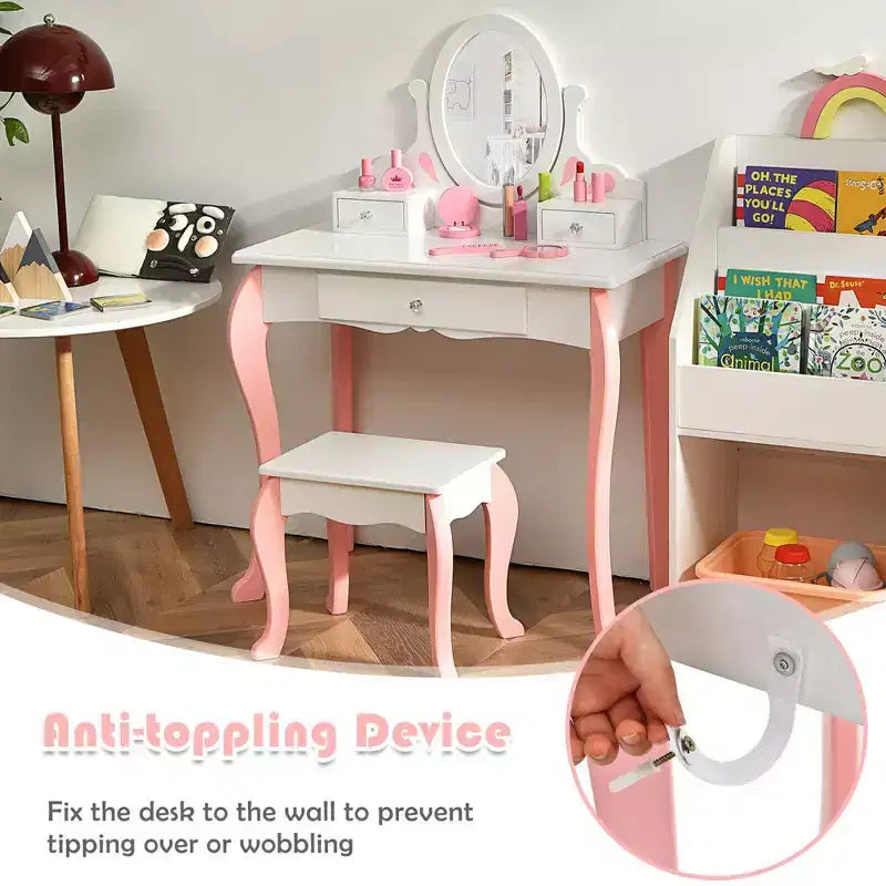 Coiffeuse Maquillage Enfant Princesse Costway avec Tabouret et Miroir à Tiroir