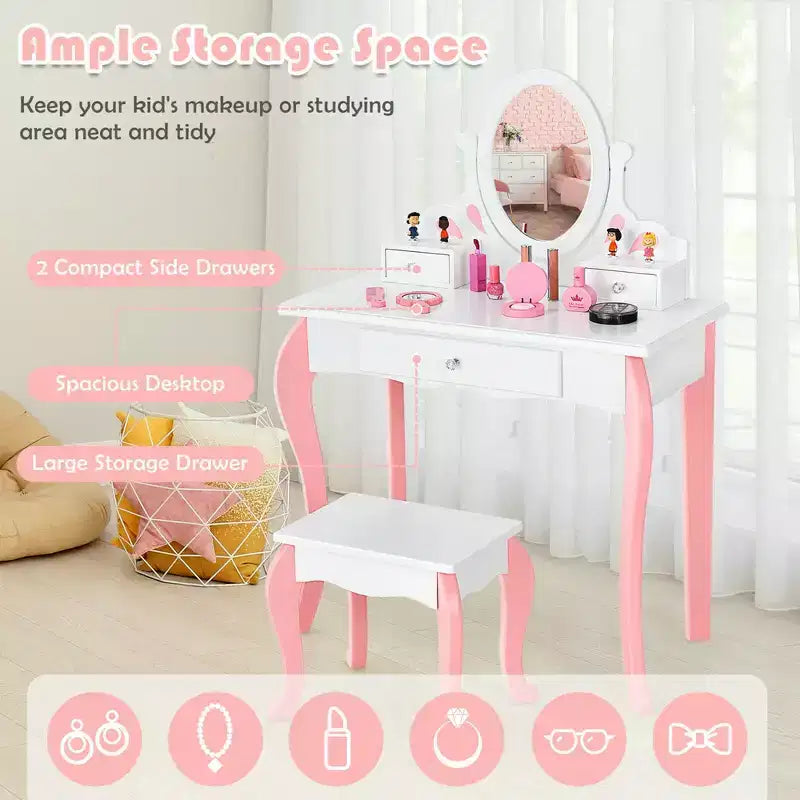 Coiffeuse Maquillage Enfant Princesse Costway avec Tabouret et Miroir à Tiroir