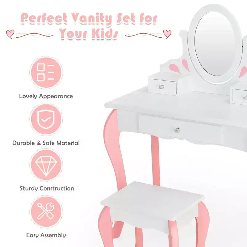 Coiffeuse Maquillage Enfant Princesse Costway avec Tabouret et Miroir à Tiroir