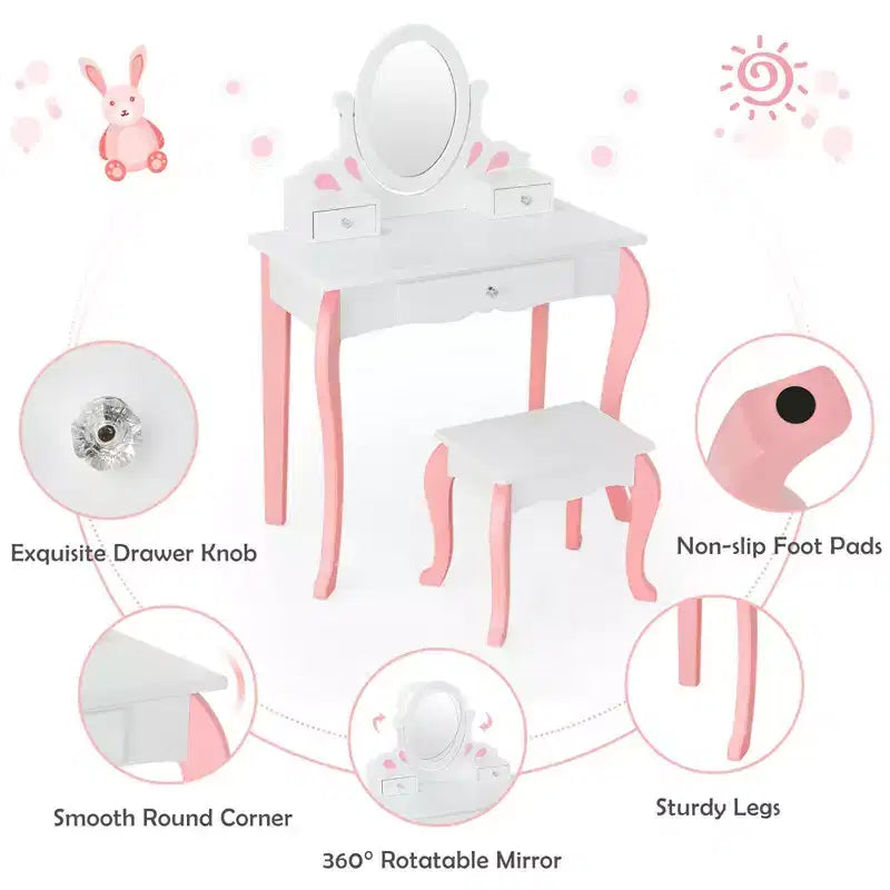 Coiffeuse Maquillage Enfant Princesse Costway avec Tabouret et Miroir à Tiroir