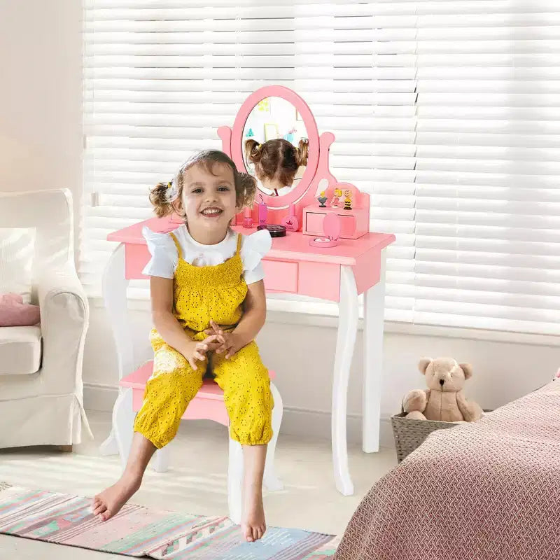 Coiffeuse Maquillage Enfant Princesse Costway avec Tabouret et Miroir à Tiroir