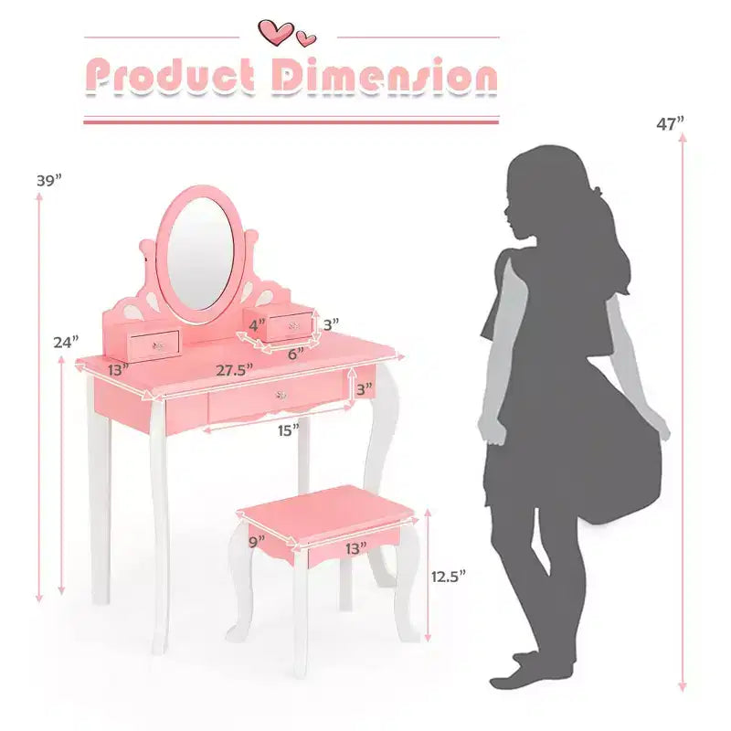 Coiffeuse Maquillage Enfant Princesse Costway avec Tabouret et Miroir à Tiroir