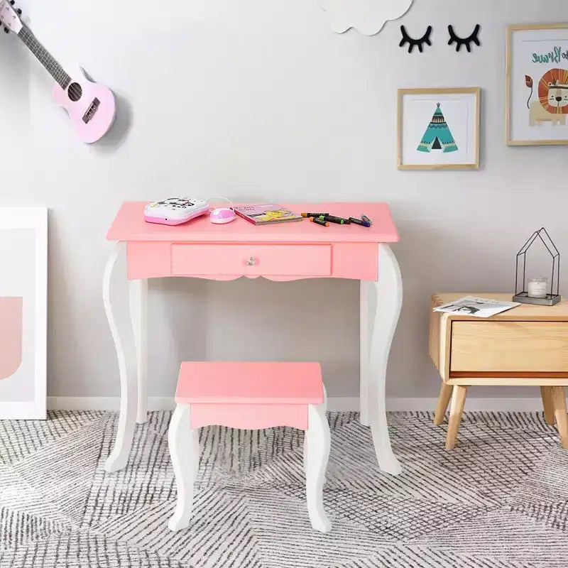 Coiffeuse Maquillage Enfant Princesse Costway avec Tabouret et Miroir à Tiroir