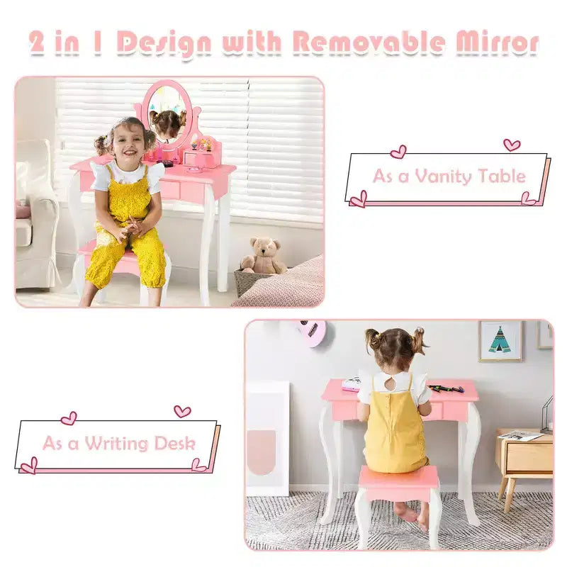 Coiffeuse Maquillage Enfant Princesse Costway avec Tabouret et Miroir à Tiroir
