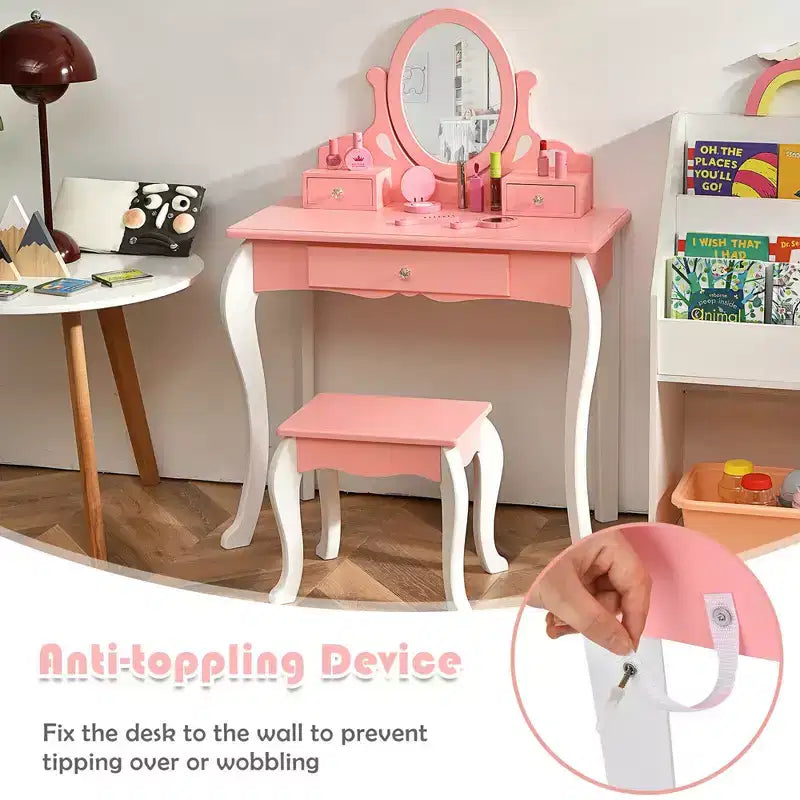 Coiffeuse Maquillage Enfant Princesse Costway avec Tabouret et Miroir à Tiroir