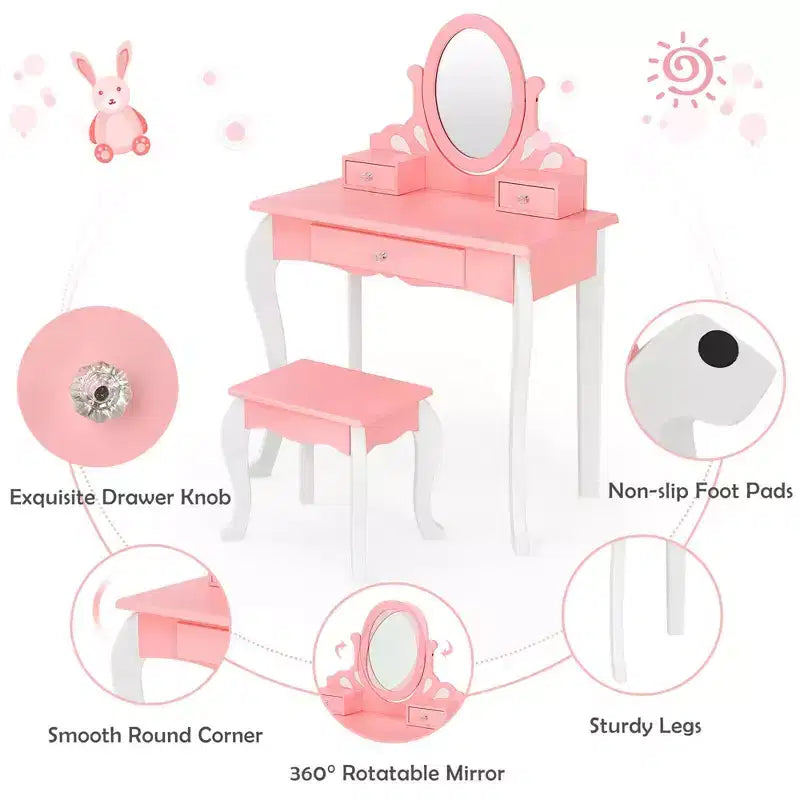 Coiffeuse Maquillage Enfant Princesse Costway avec Tabouret et Miroir à Tiroir