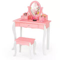 Costway Kids Vanity Princess Makeup Dressing Table Stool Set W/ Mirror Drawer