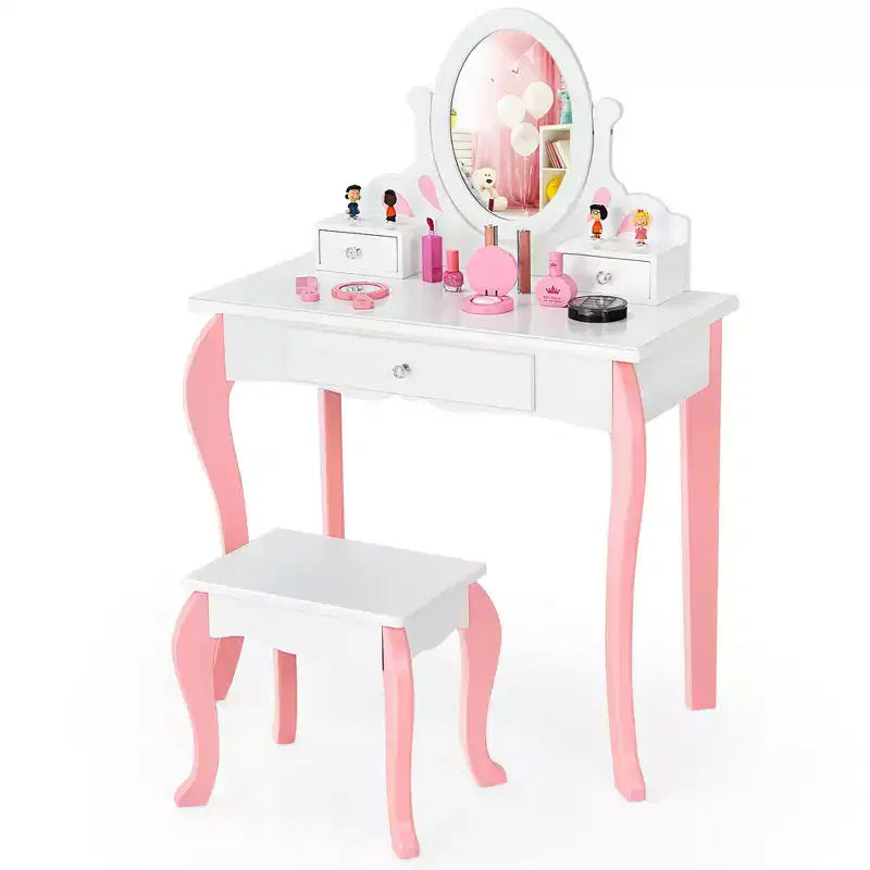 Coiffeuse Maquillage Enfant Princesse Costway avec Tabouret et Miroir à Tiroir