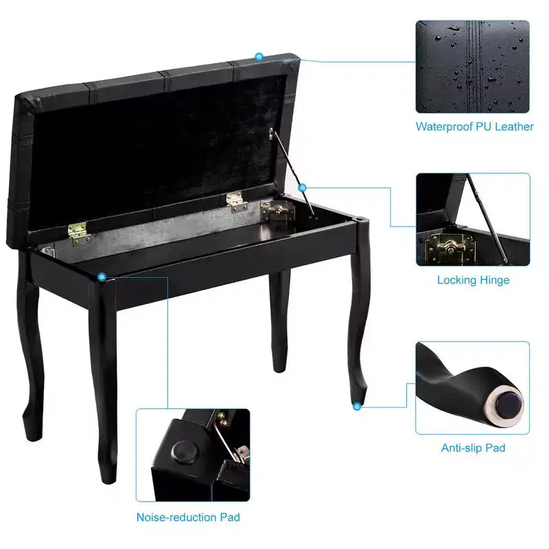 Costway Banc de piano en cuir PU avec siège de clavier double rembourré en bois massif, rangement, noir