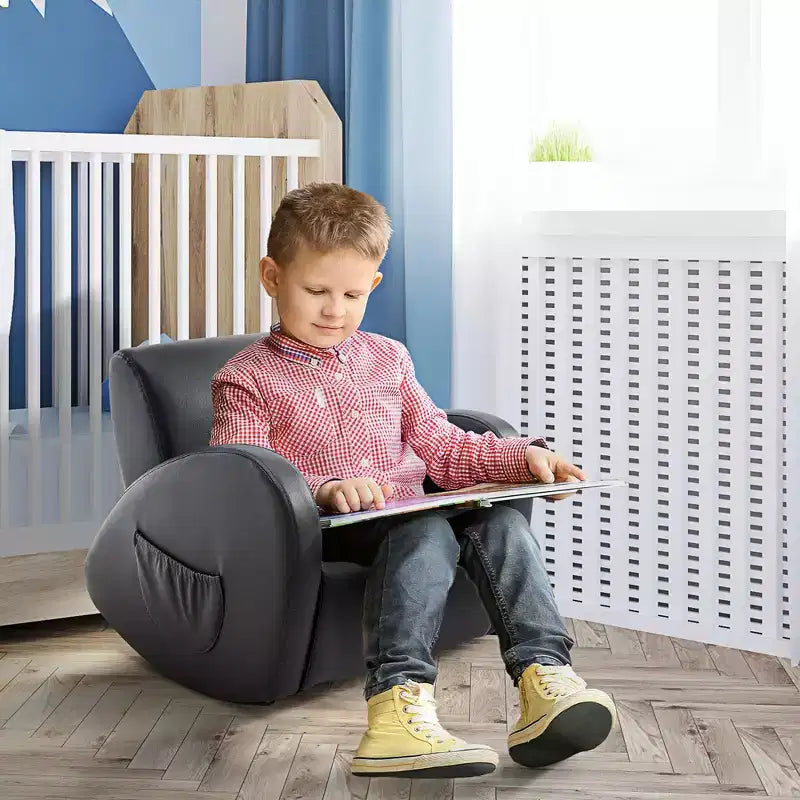 Qaba Canapé pour enfants avec poche latérale, fauteuil à bascule en cuir PU pour tout-petits, gris