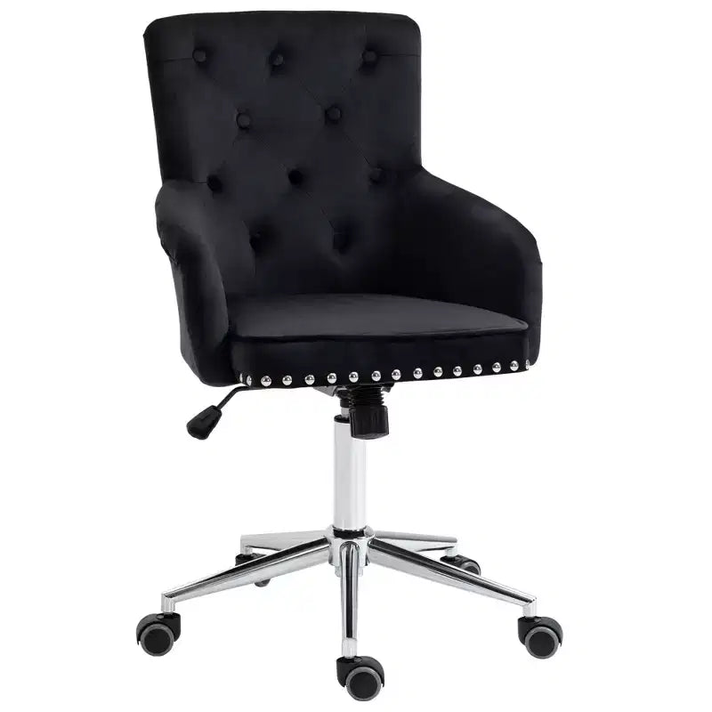 HOMCOM Mid-back Desk Chair with Button Tufted Velvet Back, Nailhead Trim, Swivel Home Office Chair with Adjustable Height, Padded Armrests, Black