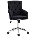 HOMCOM Mid-back Desk Chair with Button Tufted Velvet Back, Nailhead Trim, Swivel Home Office Chair with Adjustable Height, Padded Armrests, Black