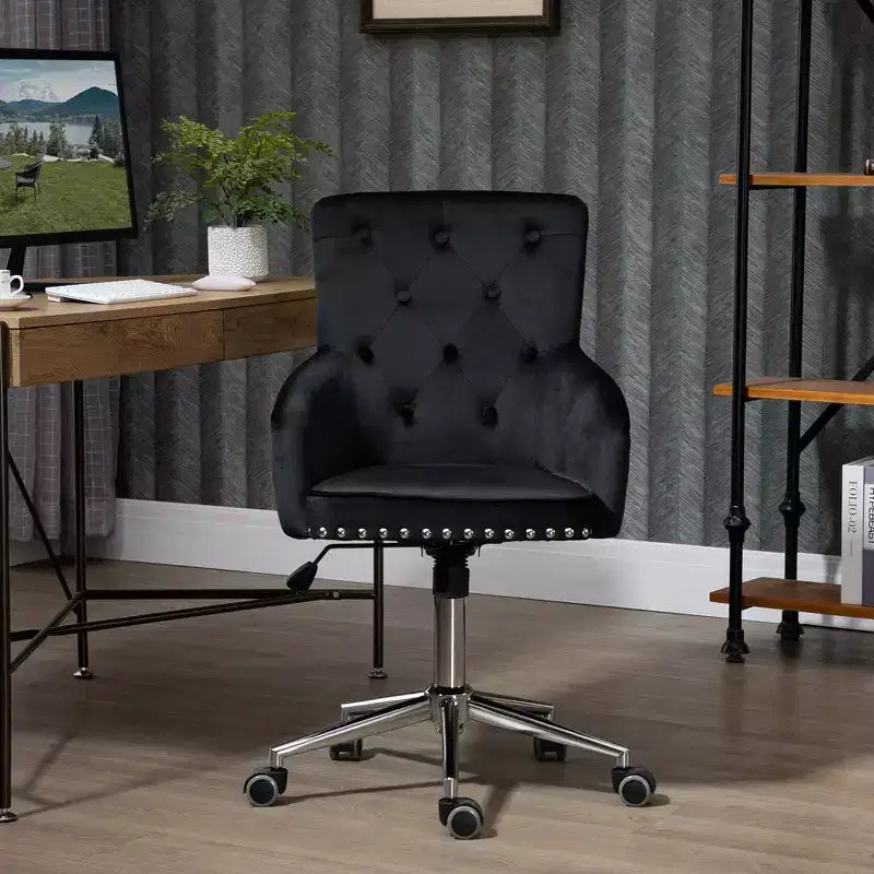 Chaise de bureau à dossier mi-hauteur HOMCOM avec dossier en velours capitonné, garniture cloutée, chaise de bureau pivotante avec hauteur réglable, accoudoirs rembourrés, noir