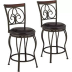 55 Downing Street Colton Metal Swivel Bar Stools Set of 2 Brown 24 High Traditional Round Cushion with Backrest Footrest for Kitchen Counter Height
