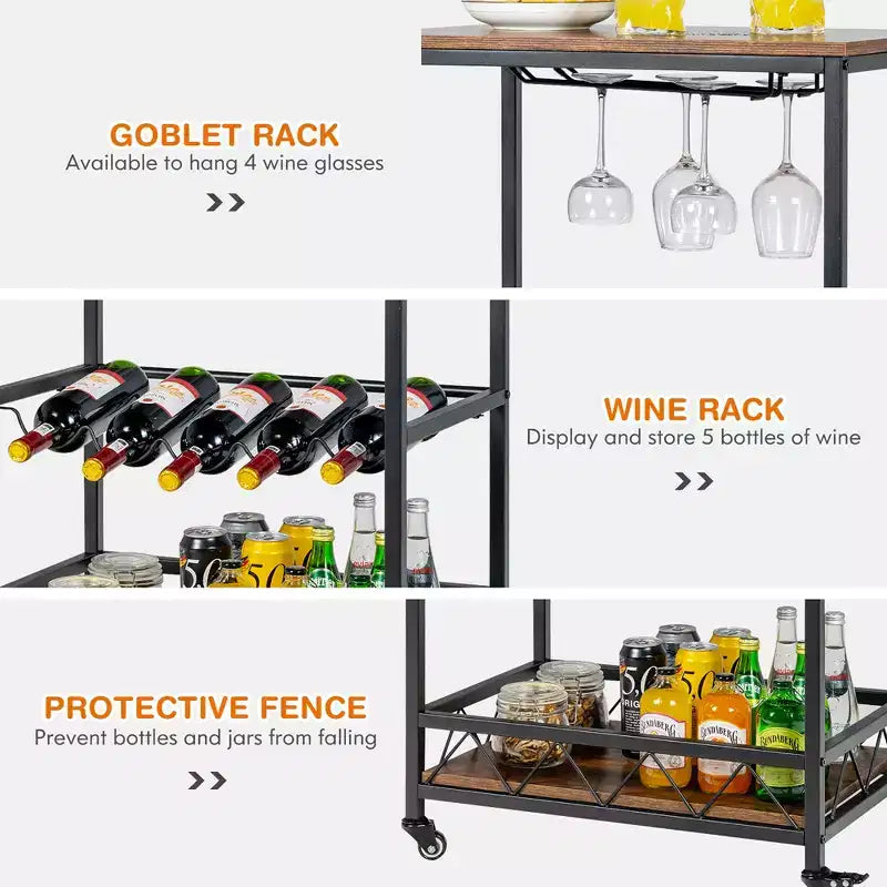Chariot de service de cuisine Costway à roulettes avec porte-bouteilles et porte-verres