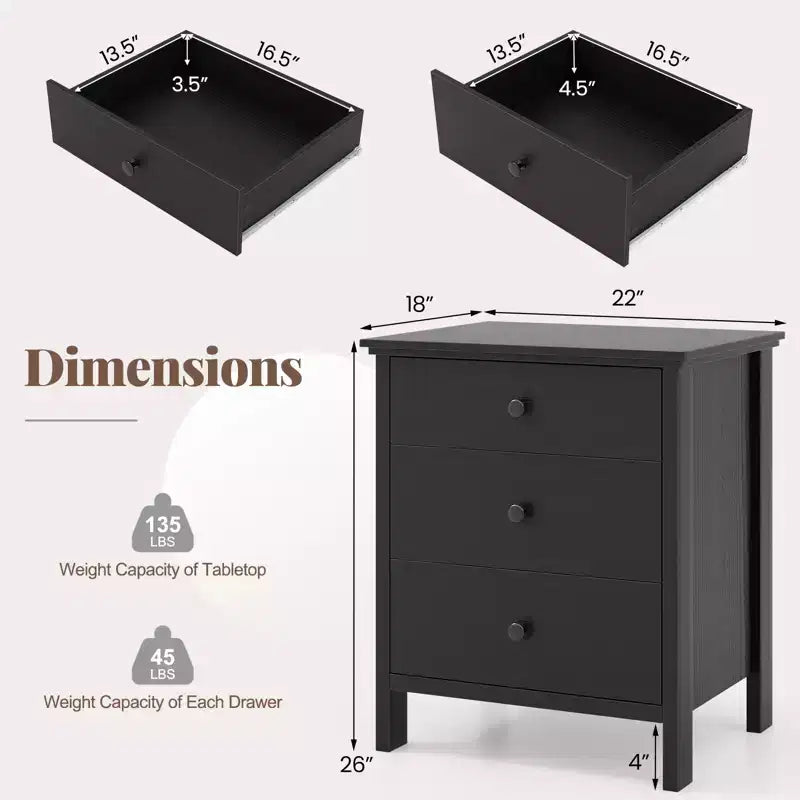 Table de chevet Costway – Table d'appoint avec 3 tiroirs – Noir