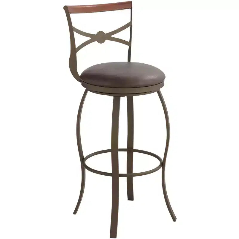Elm Lane Haidar Bronze Metal Swivel Bar Stool Brown 25 High Traditional Faux Leather Round Cushion with Backrest Footrest for Kitchen Counter Height