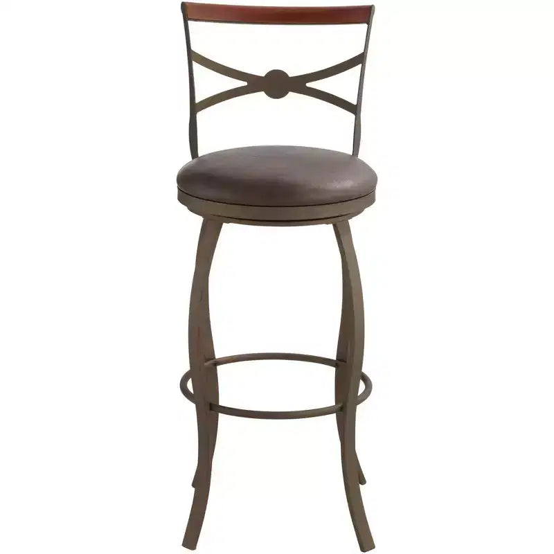 Tabouret de bar pivotant Elm Lane Haidar en métal bronze marron 63,5 cm de haut, coussin rond traditionnel en similicuir avec dossier et repose-pieds pour comptoir de cuisine
