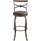 Tabouret de bar pivotant Elm Lane Haidar en métal bronze marron 63,5 cm de haut, coussin rond traditionnel en similicuir avec dossier et repose-pieds pour comptoir de cuisine