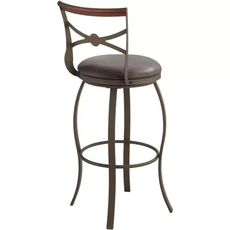 Tabouret de bar pivotant Elm Lane Haidar en métal bronze marron 63,5 cm de haut, coussin rond traditionnel en similicuir avec dossier et repose-pieds pour comptoir de cuisine