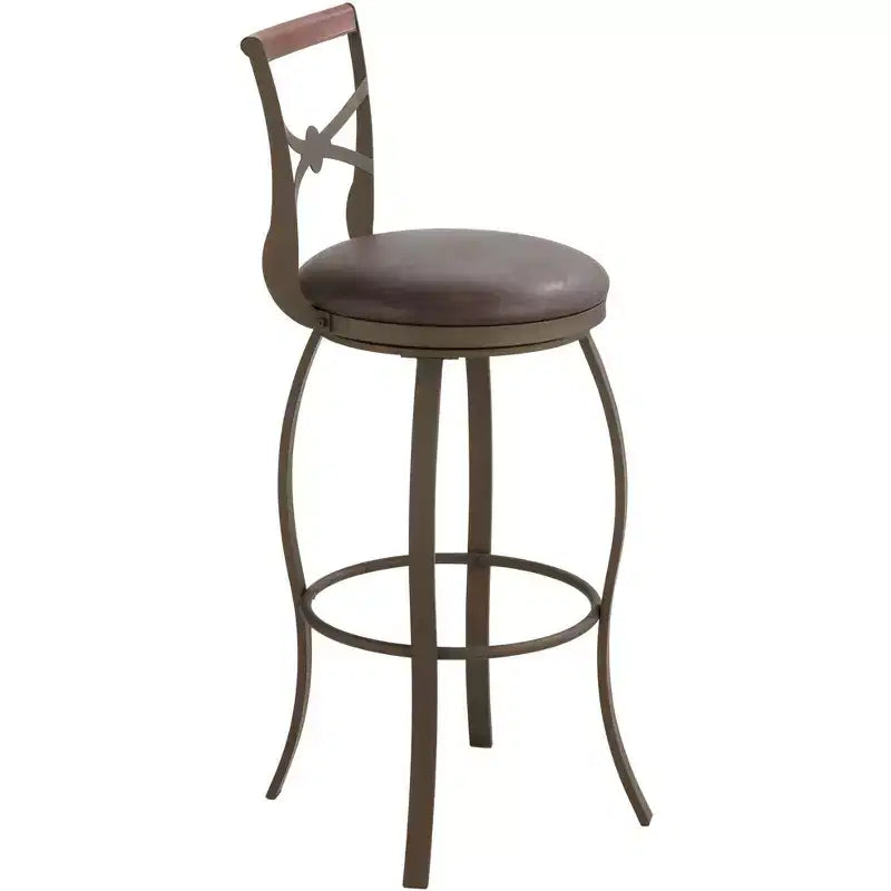 Tabouret de bar pivotant Elm Lane Haidar en métal bronze marron 63,5 cm de haut, coussin rond traditionnel en similicuir avec dossier et repose-pieds pour comptoir de cuisine