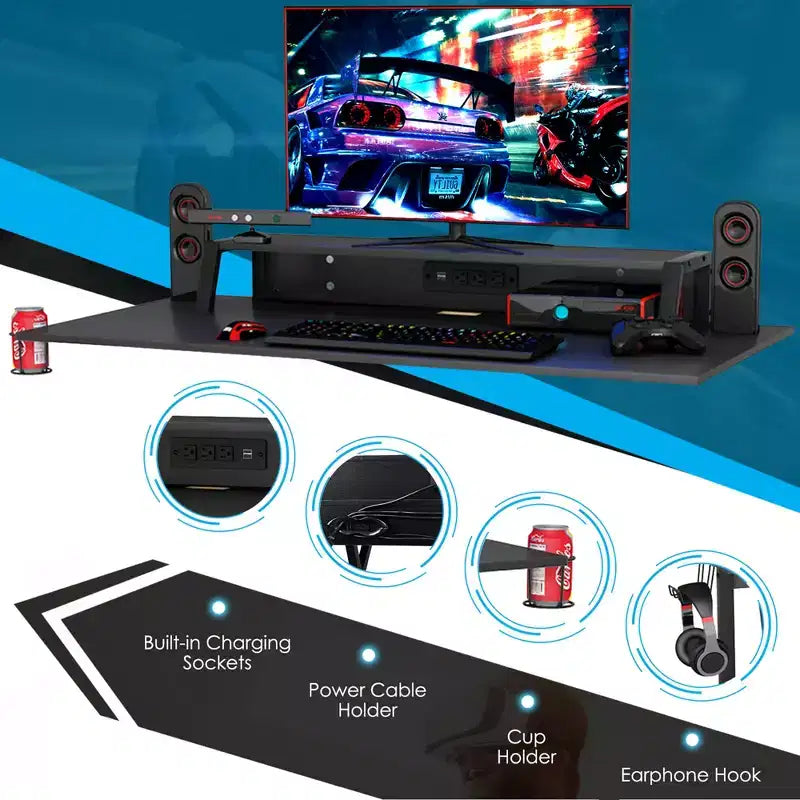 Ensemble Bureau Gamer Costway et Fauteuil de Jeu Massant avec Repose-pieds, Étagère de Moniteur, Multiprise, Bleu