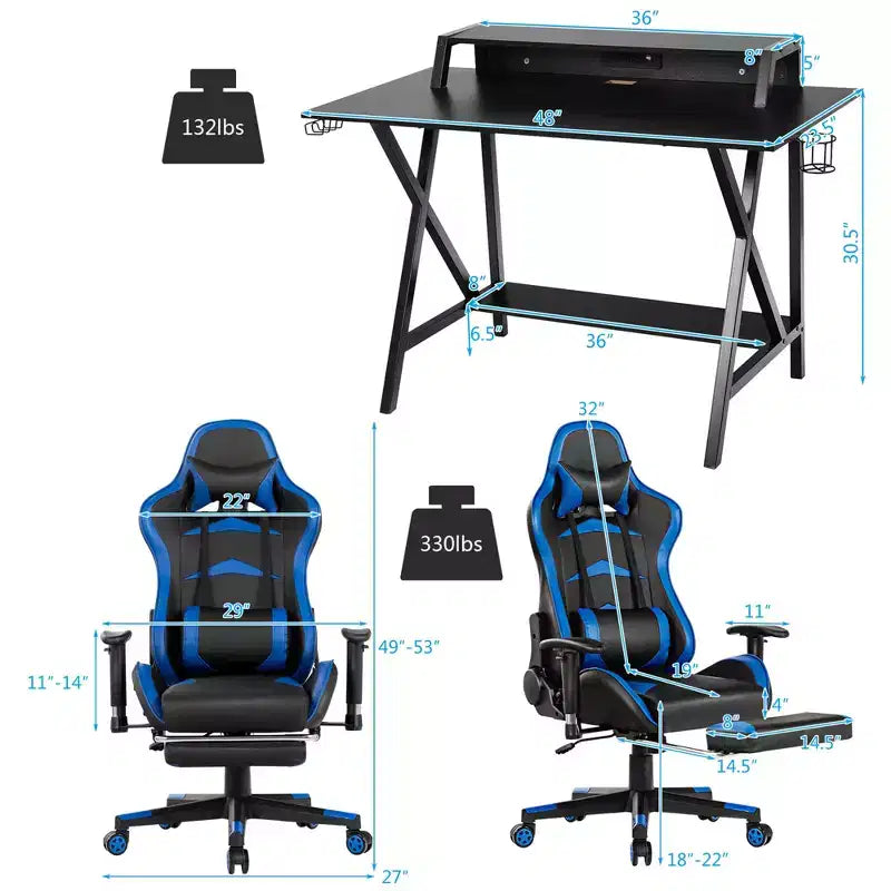 Ensemble Bureau Gamer Costway et Fauteuil de Jeu Massant avec Repose-pieds, Étagère de Moniteur, Multiprise, Bleu