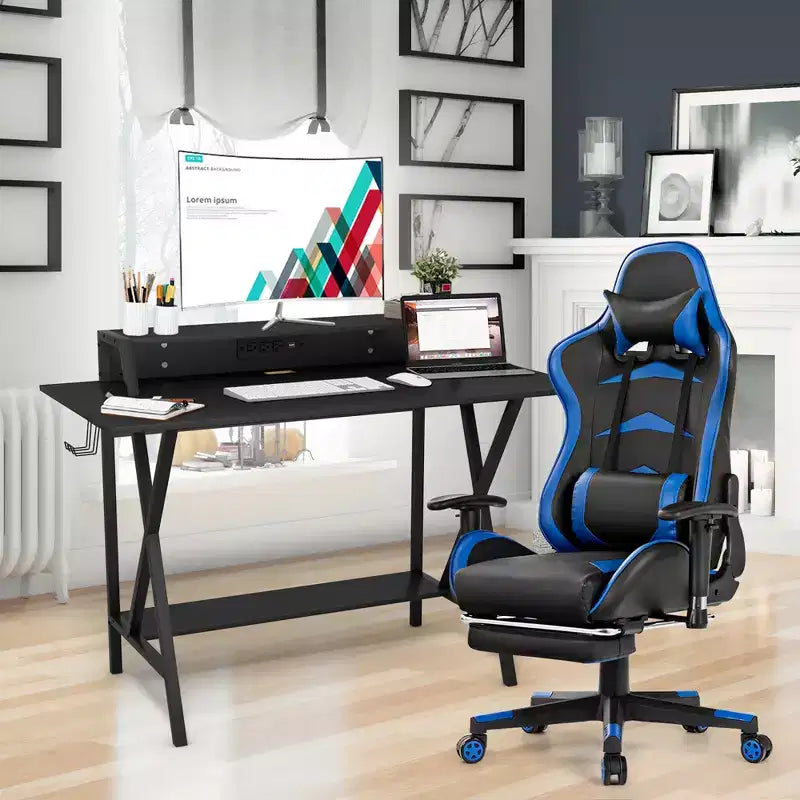 Ensemble Bureau Gamer Costway et Fauteuil de Jeu Massant avec Repose-pieds, Étagère de Moniteur, Multiprise, Bleu