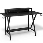 Ensemble Bureau Gamer Costway et Fauteuil de Jeu Massant avec Repose-pieds, Étagère de Moniteur, Multiprise, Bleu