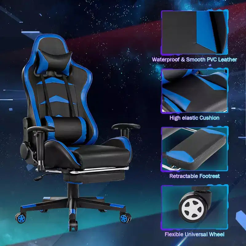 Ensemble Bureau Gamer Costway et Fauteuil de Jeu Massant avec Repose-pieds, Étagère de Moniteur, Multiprise, Bleu