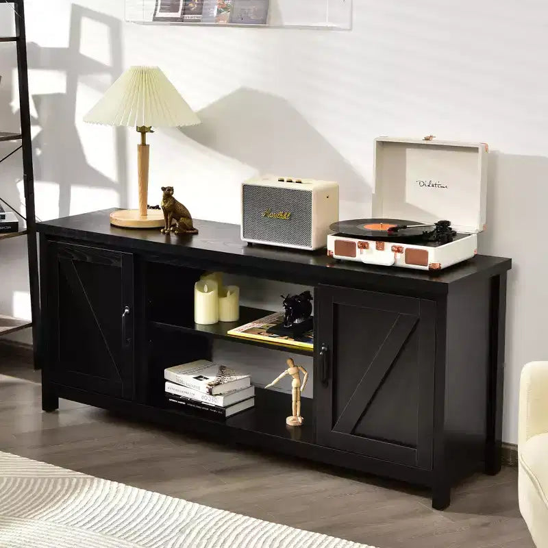 Meuble TV Costway 150 cm avec console média et armoire de rangement pour téléviseur 65", coloris naturel/noir/café