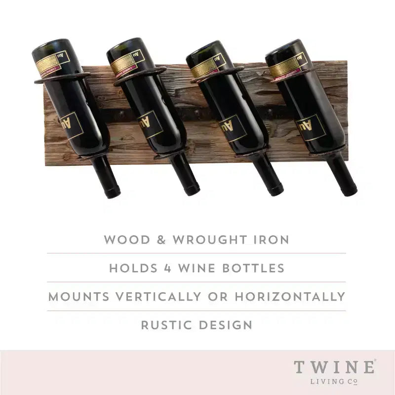 Range-bouteilles mural pour 4 bouteilles de vin Twine, casier à vin rustique de ferme en fer, en métal et en bois, rangement à vin, décoration de bar, cadeaux de pendaison de crémaillère pour hommes, 8 x 23,75