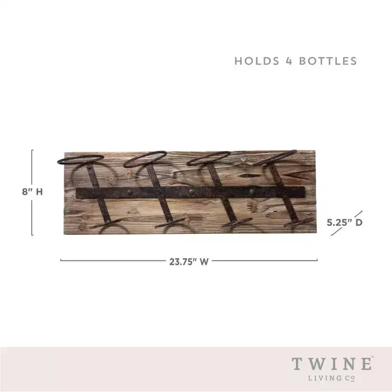 Range-bouteilles mural pour 4 bouteilles de vin Twine, casier à vin rustique de ferme en fer, en métal et en bois, rangement à vin, décoration de bar, cadeaux de pendaison de crémaillère pour hommes, 8 x 23,75