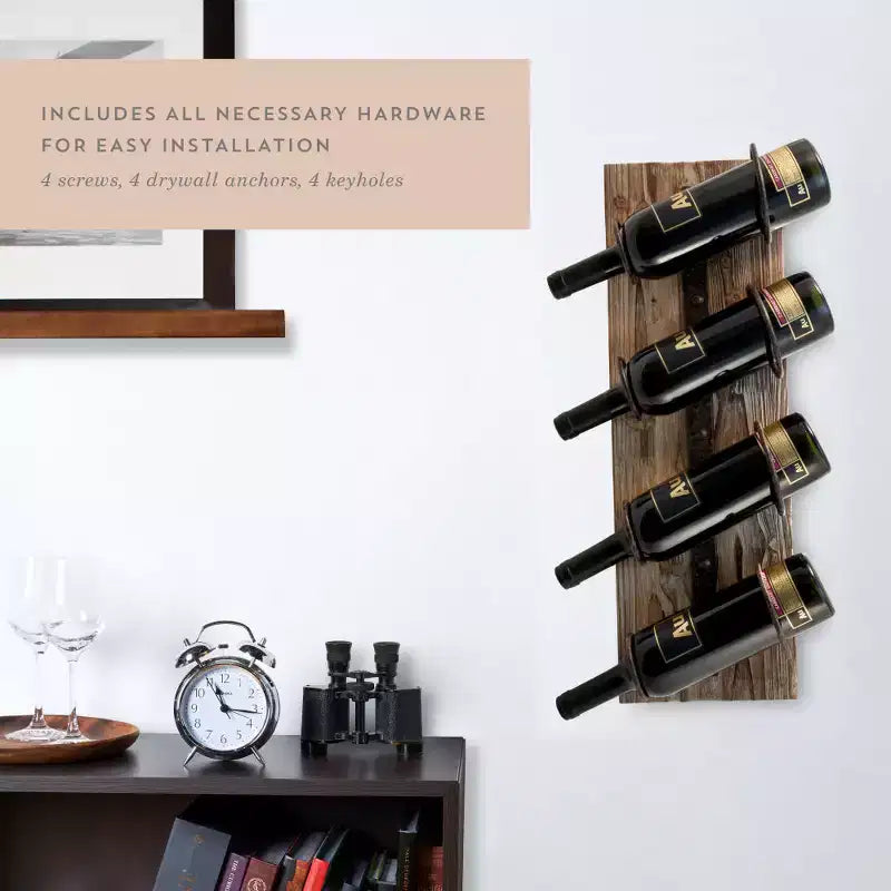 Range-bouteilles mural pour 4 bouteilles de vin Twine, casier à vin rustique de ferme en fer, en métal et en bois, rangement à vin, décoration de bar, cadeaux de pendaison de crémaillère pour hommes, 8 x 23,75