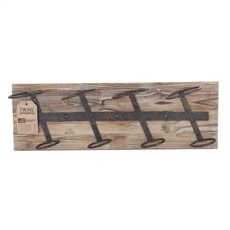 Range-bouteilles mural pour 4 bouteilles de vin Twine, casier à vin rustique de ferme en fer, en métal et en bois, rangement à vin, décoration de bar, cadeaux de pendaison de crémaillère pour hommes, 8 x 23,75