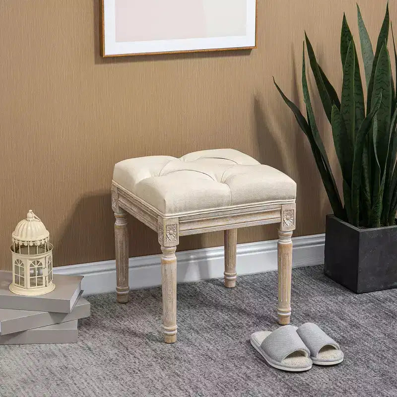 HOMCOM Pouf Vintage 40 cm, Repose-pieds capitonné avec Siège Rembourré, Pieds en Bois Rustique pour Chambre, Salon