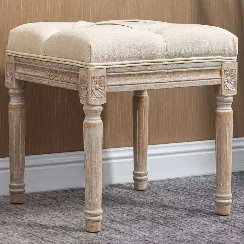 HOMCOM Pouf Vintage 40 cm, Repose-pieds capitonné avec Siège Rembourré, Pieds en Bois Rustique pour Chambre, Salon