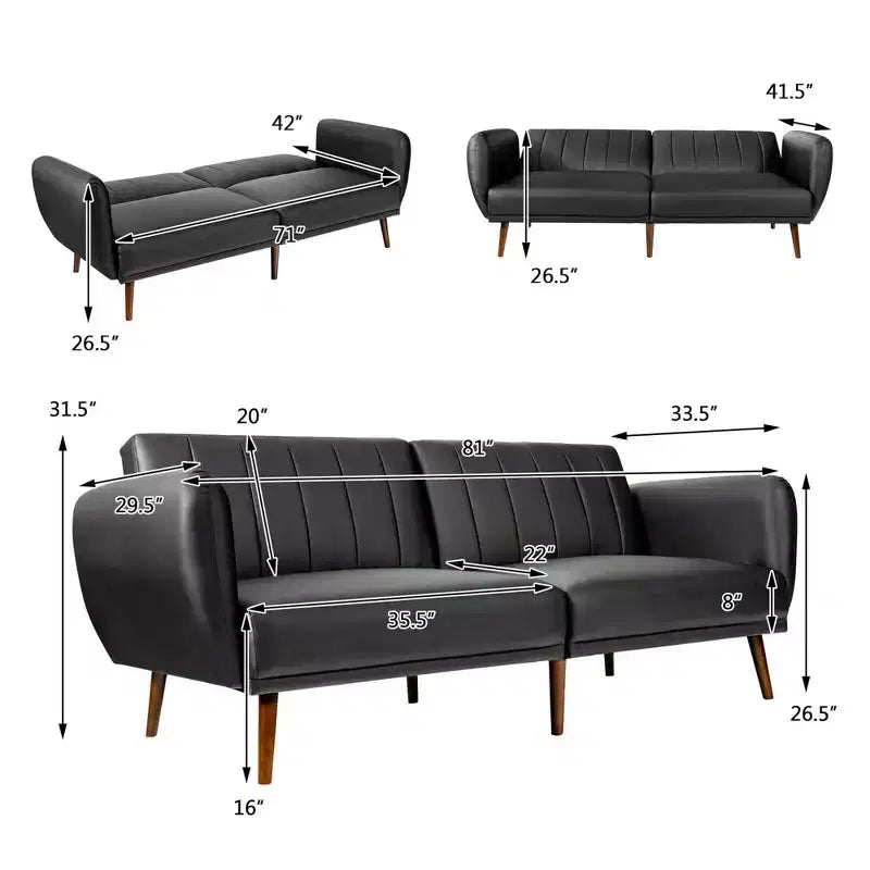 Canapé Futon Convertible Costway avec Revêtement en PU et Pieds en Bois, Réglable