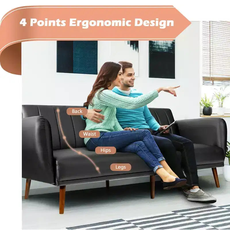 Canapé Futon Convertible Costway avec Revêtement en PU et Pieds en Bois, Réglable